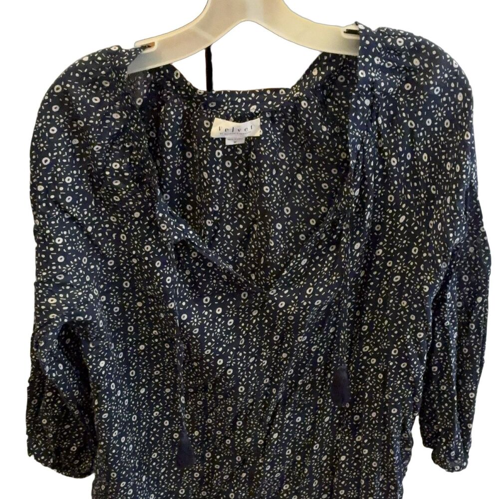 Velvet By Graham & Spencer Abstract Print V-Neck Tunic Blouse 3/4 Sleeve Tassel